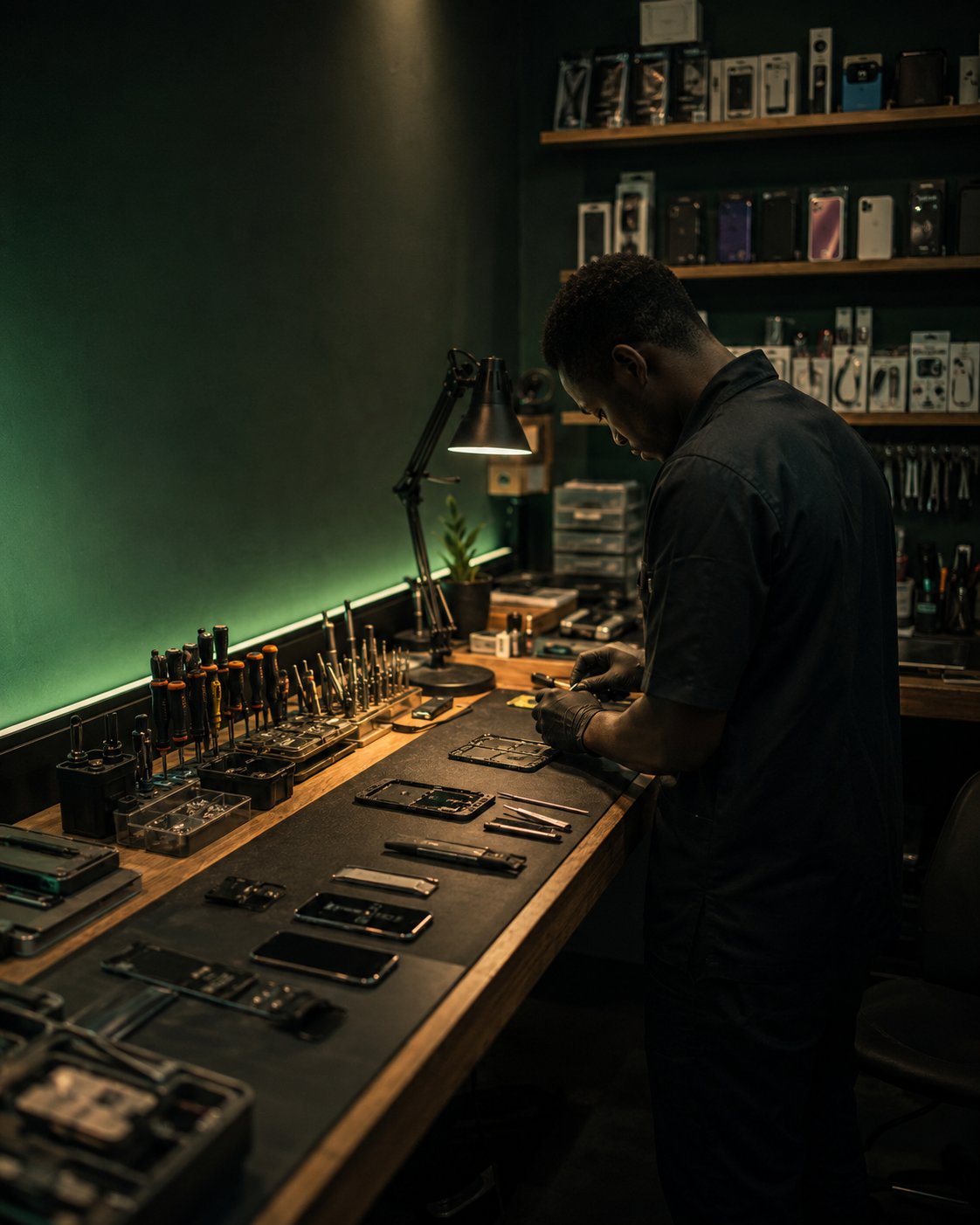 A BEAPS Mobile Fix technician repairing a phone at the workbench