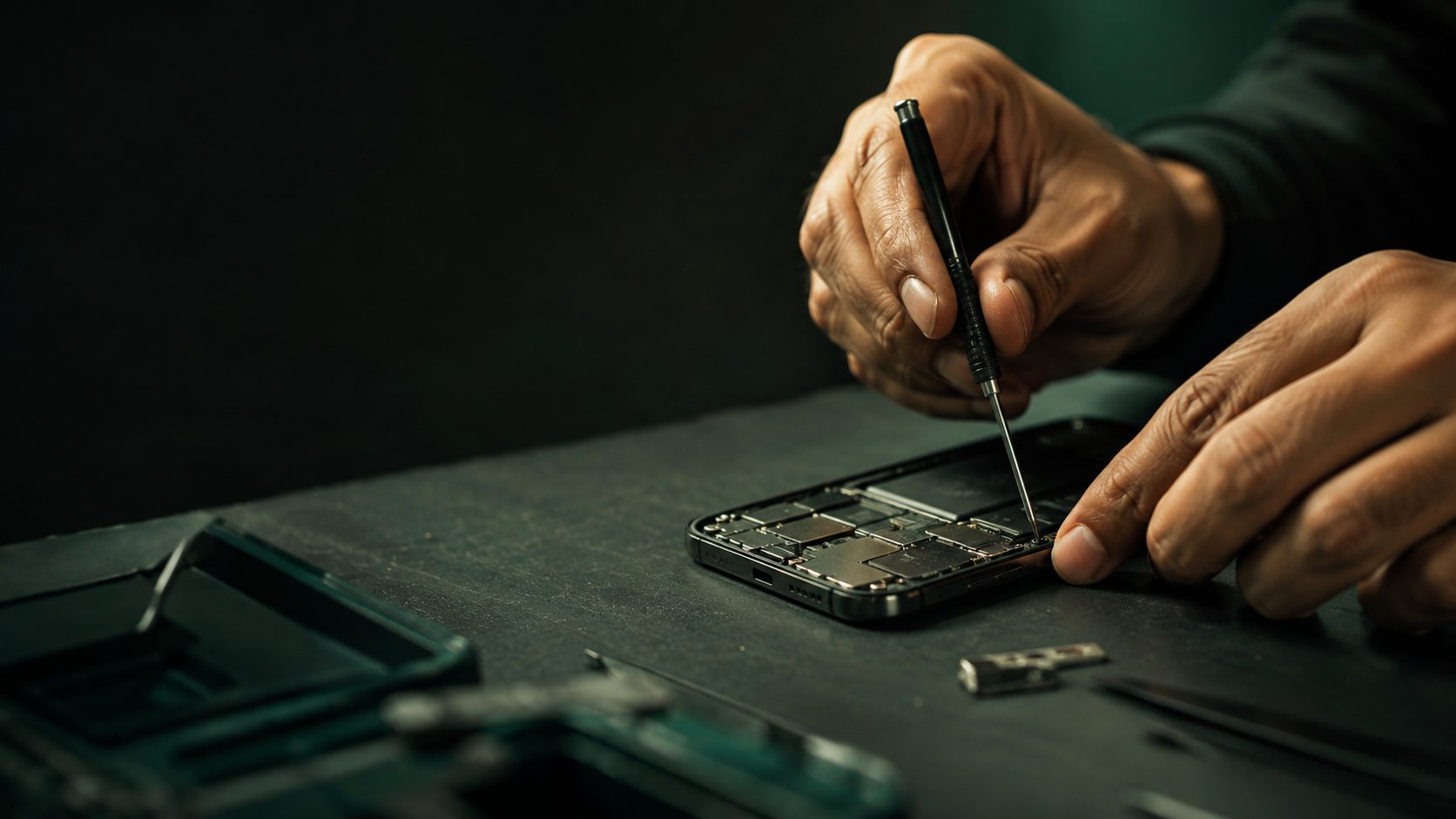 Technician repairing a phone at the BEAPS Mobile Fix bench